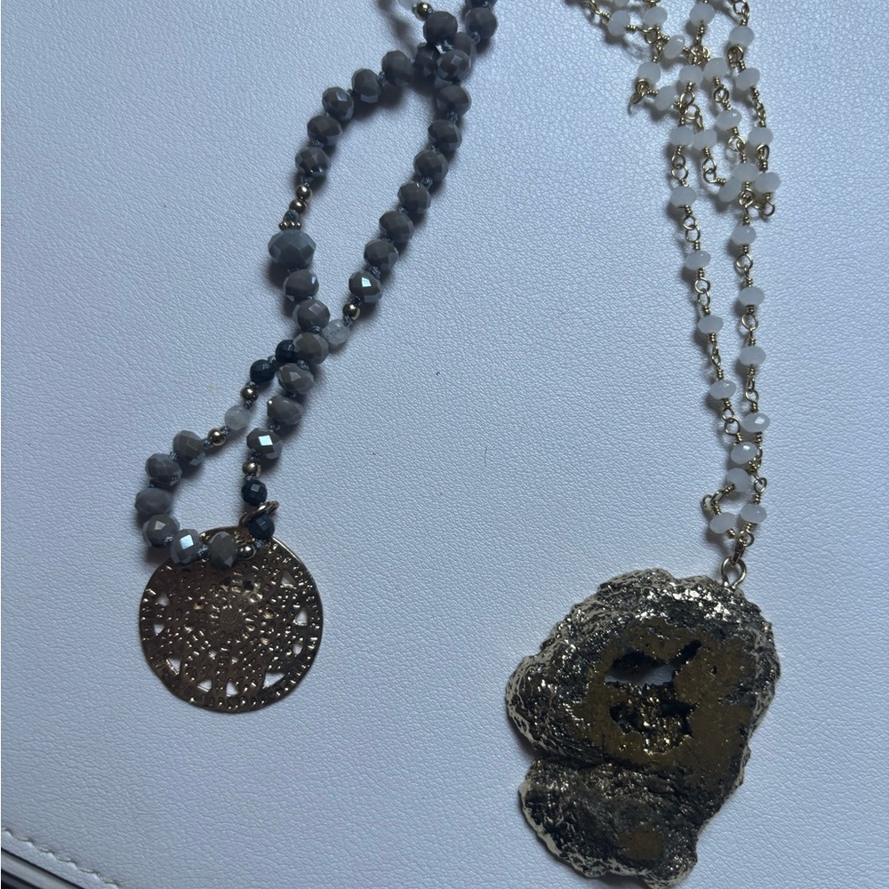 New Two Meghan Bo Design gemstone rock LA Gold and Gray Dual Pendant Necklaces